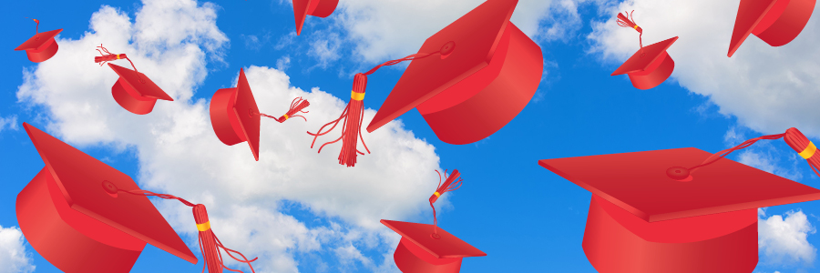 red graduation caps filling down with a blue sky and cloud background
