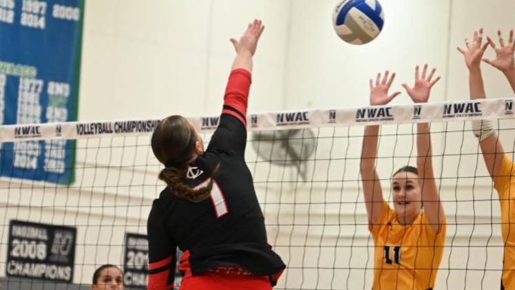 Lower Columbia College women's Volleyball spiking the ball over the net while two opponents attempt to block.